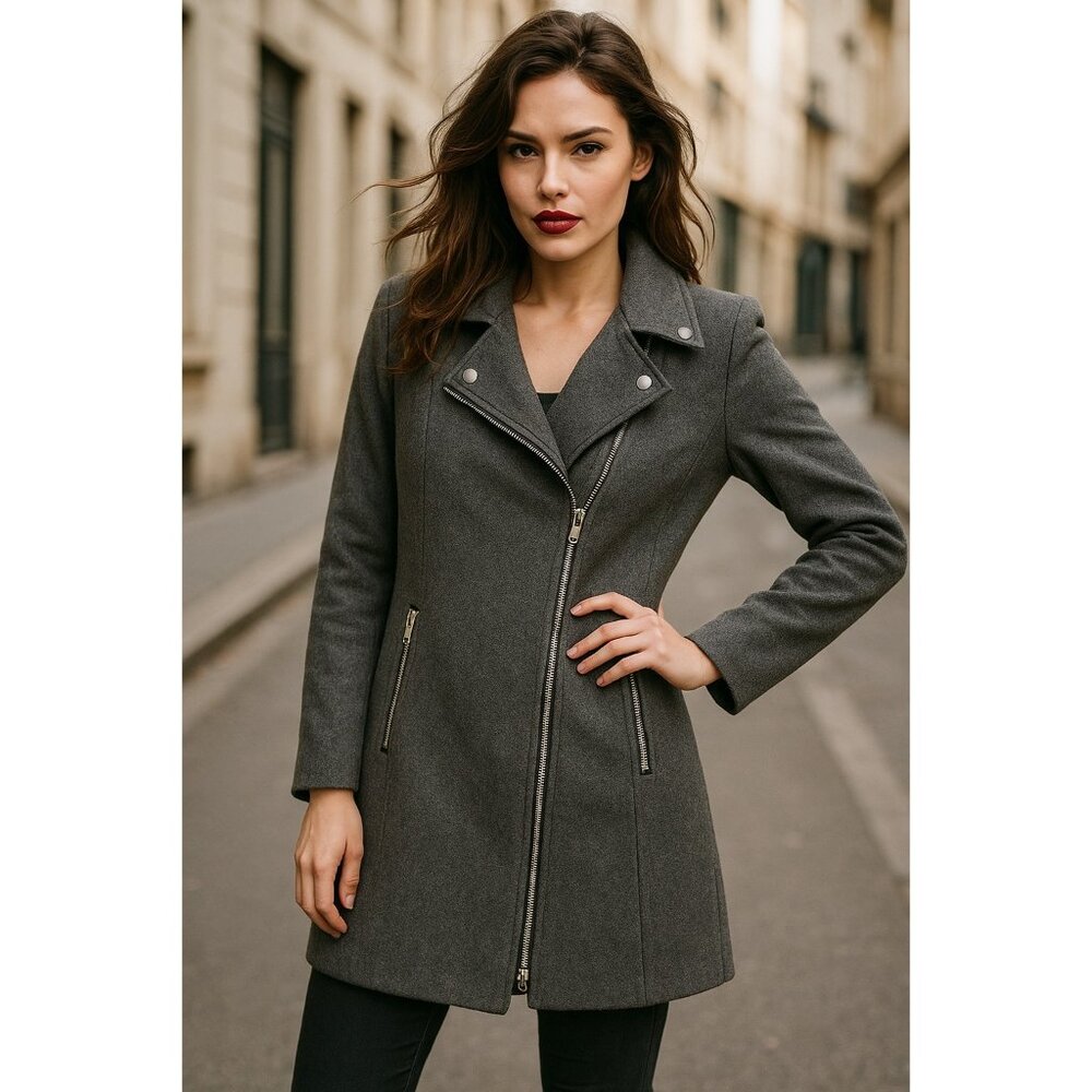 Miss London Size Large Grey Wool-Blend Coat Zipper Snap Details